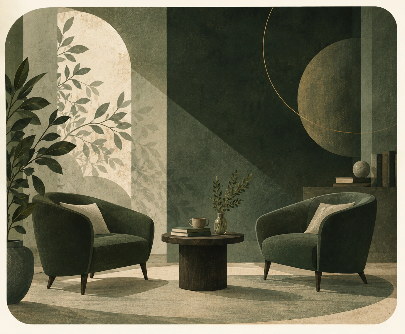 Two green chairs facing each other, representing a therapeutic conversation.